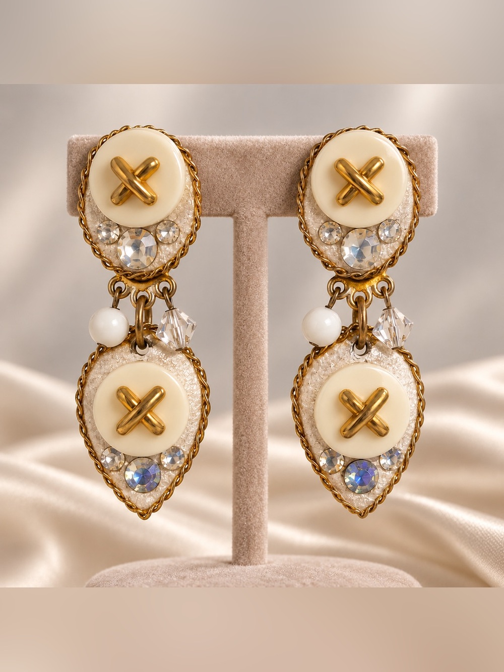 SINS Signed Art Deco Rhinestone Button Dangle Clip-On Earrings